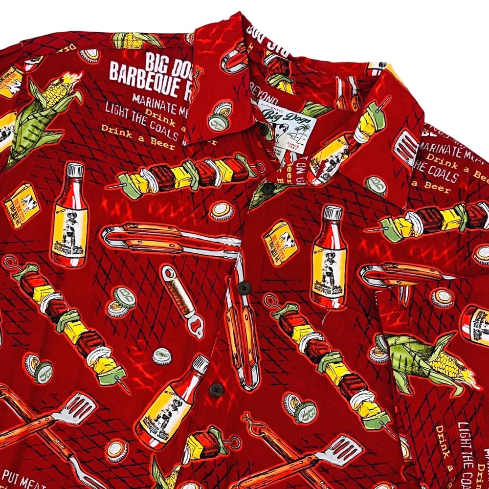 Vintage Big Dogs Barbeque Rules Shirt S/M Red Rayon Button Up BBQ Beer Hawaiian